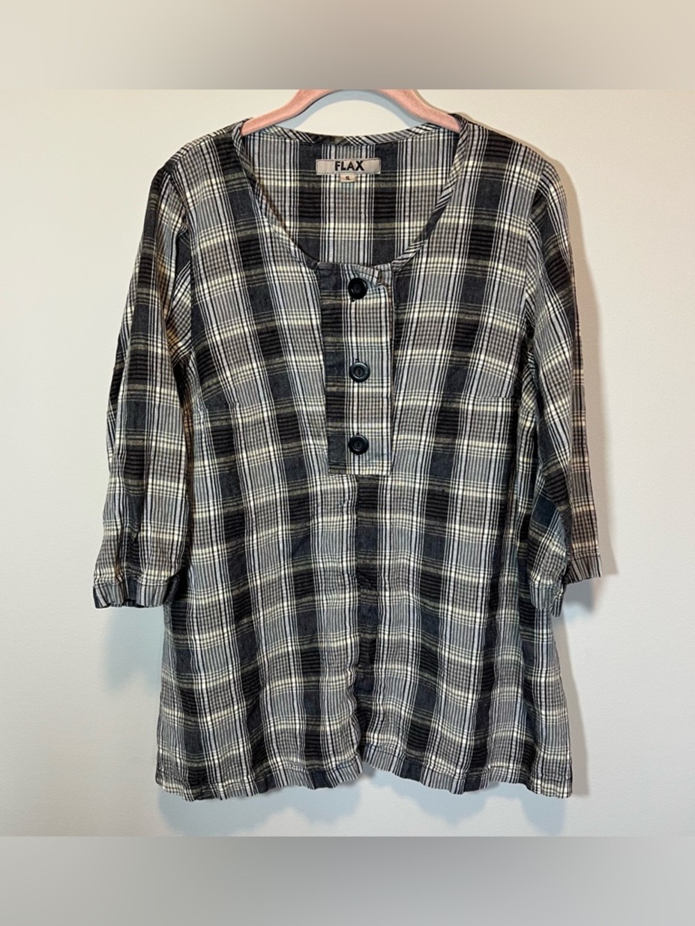 Flax Women’s Gray Black Plaid 100% Linen Tunic Top Lagenlook Boho Small